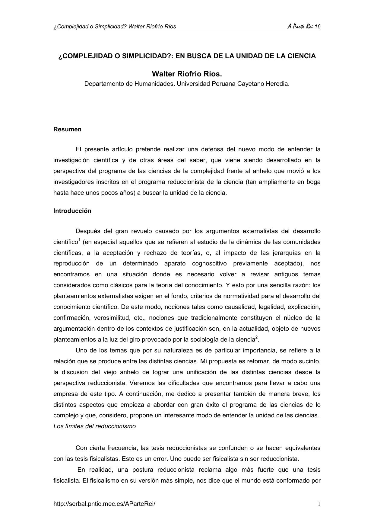 ¿COMPLEJIDAD O SIMPLICIDAD?: EN BUSCA DE LA UNIDAD DE LA CIENCIA